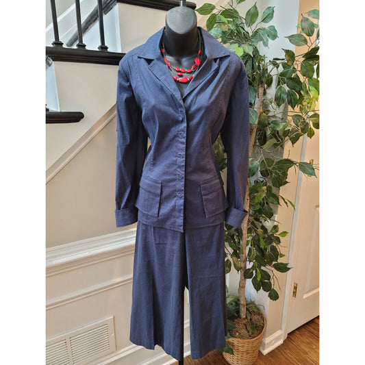 Tahari 2 Piece Suit Women's Size Large Blue Solid Casual Long Sleeve Wide Leg