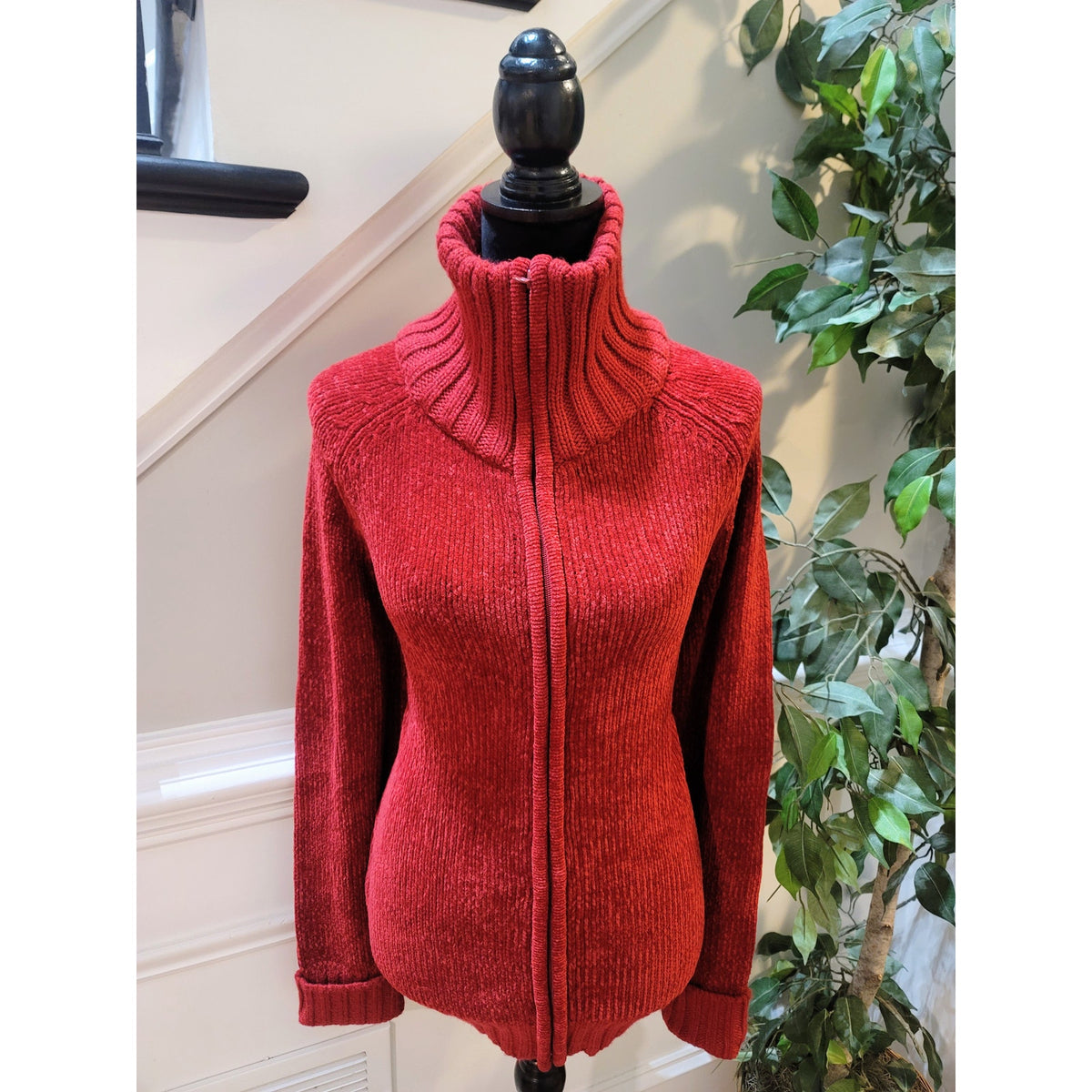 Carolyn Taylor Cardigan Sweater Women's Small Red Ribbed Collar Front Zipper
