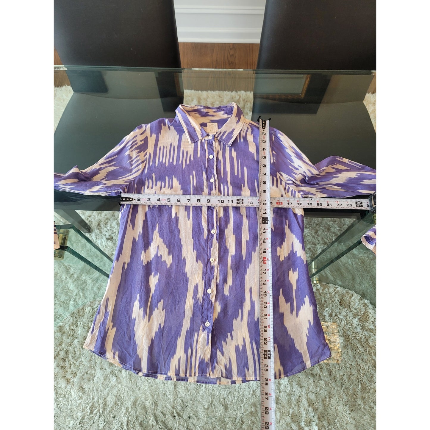 J Crew Button Up Shirt Women's Size 8 Purple White Silk Cotton Blend Long Sleeve