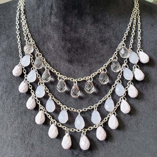Women Silver Tone 3 Strand Crystal & White Opales Tear Drops Necklace w/ Lobster