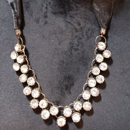 Womens Gold Plated Faceted Round Cut Crystals Prong Link Necklace with Ribbon