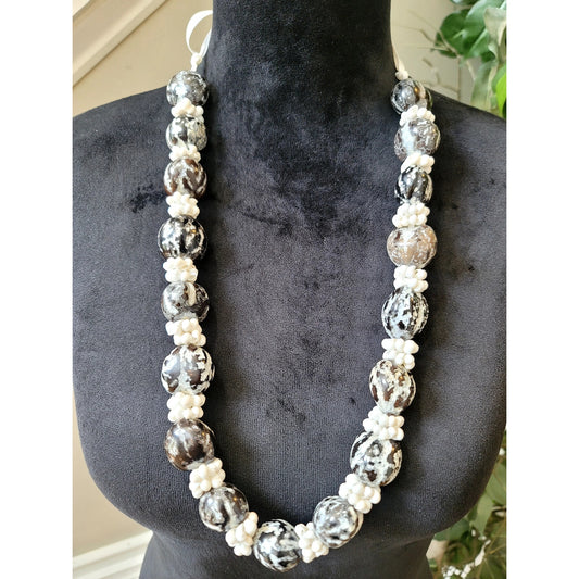 Silver Tone White Beaded Long Statement Necklace Floral Textured Boho Jewelry