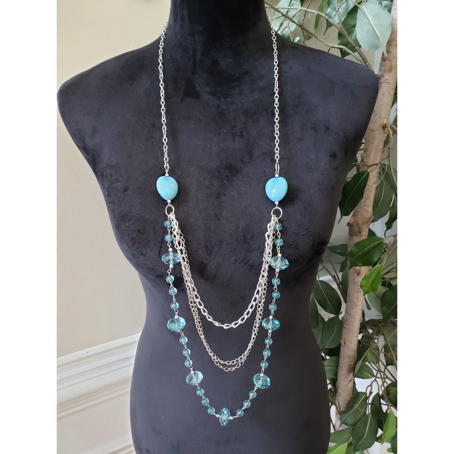 Women Fashion Two Tone Multi Layered Blue Assorted Glass Bead Statement Necklace