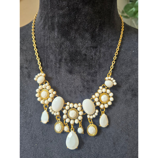 Gold Tone Ivory Pearl Rhinestone Teardrop Bib Statement Necklace