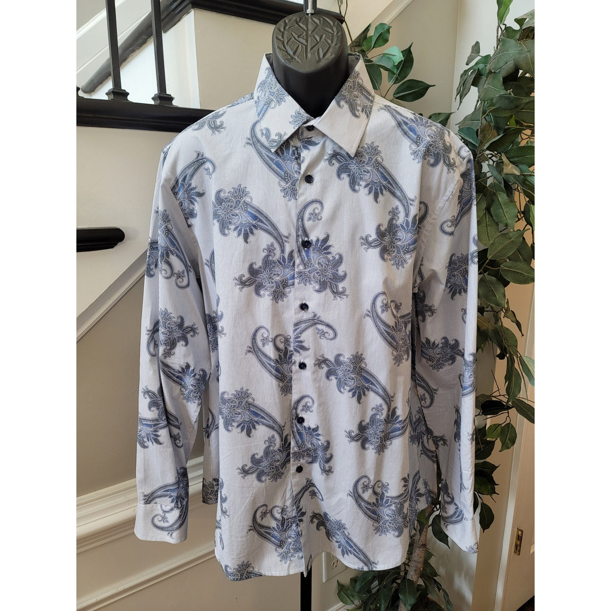 Tasso Elba Button Down Shirts Men's Size X-Large White Blue 100% Cotton Floral