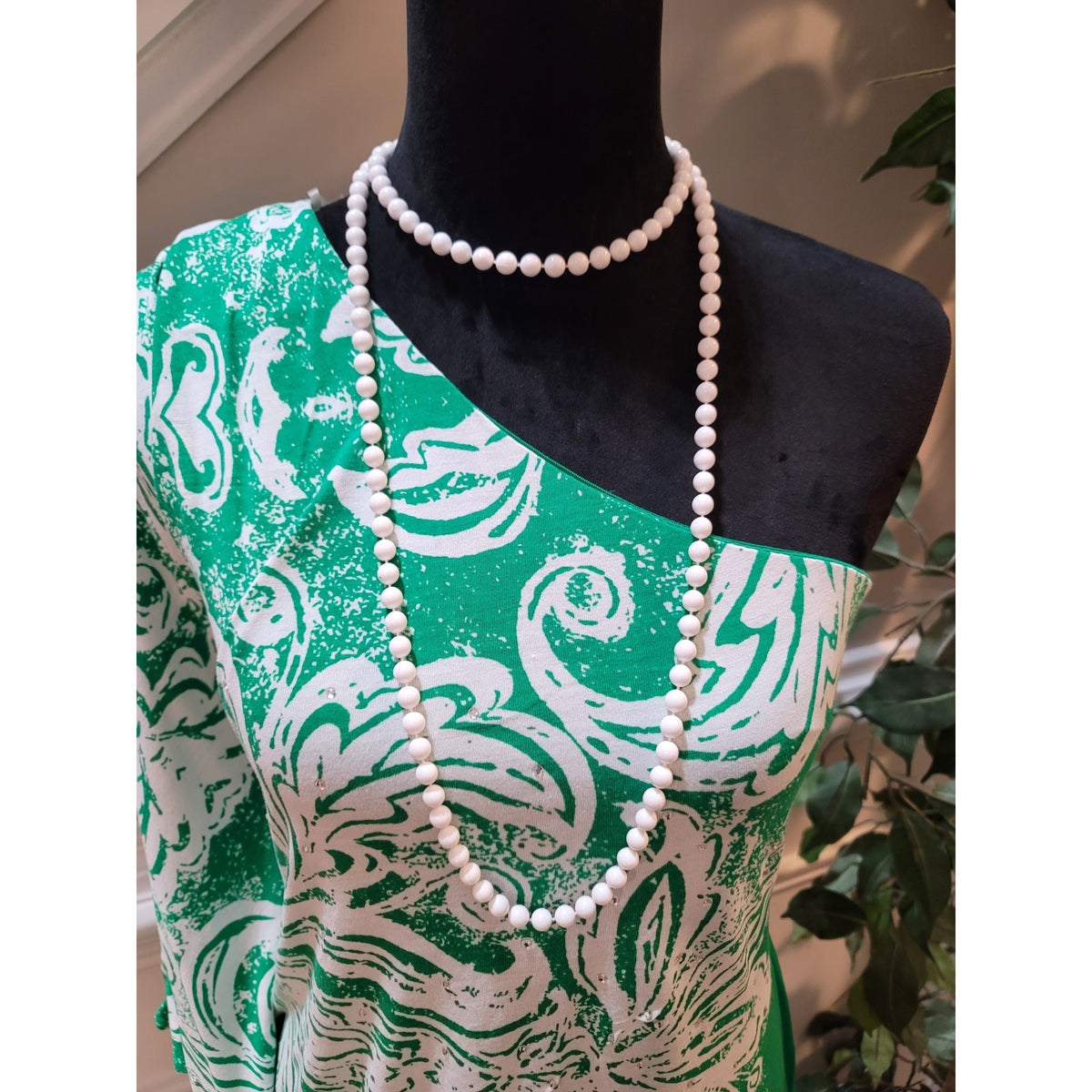 INC Blouse Top Women's Large Green/White Paisley Rhinestone One Shoulder Sleeve