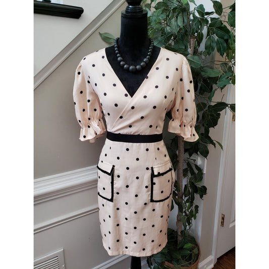 Marin Brand Womens Beige Polka Dot V Neck Short Sleeve Knee Length Shift Dress S