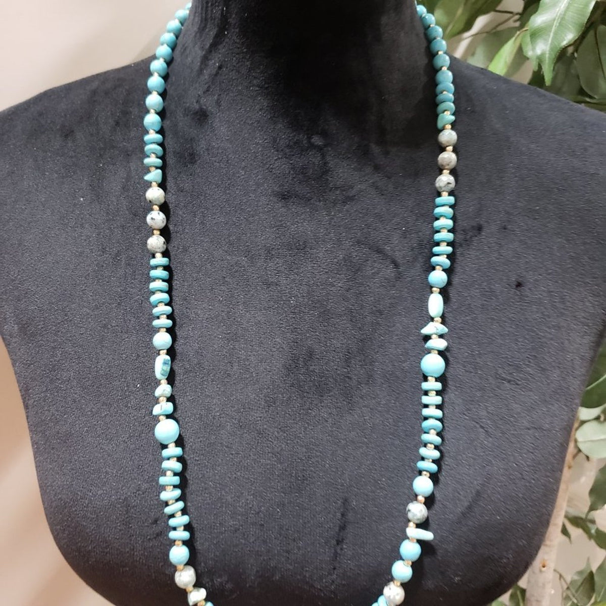 Womens Fashion Blue Turquoise Stone Long Beaded Necklace with Lobster Clasp