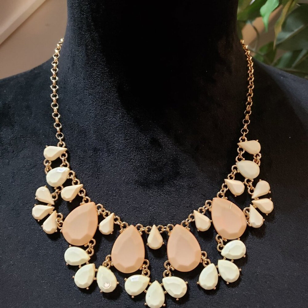 Womens Fashion Pink White Rhinestone Gold Tone Chain Necklace with Lobster Clasp