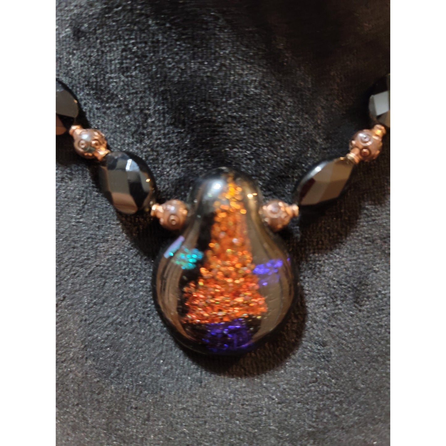 Women's Black Beaded Necklace With Glass Pendant And Toggle Lock Elegant Jewelry