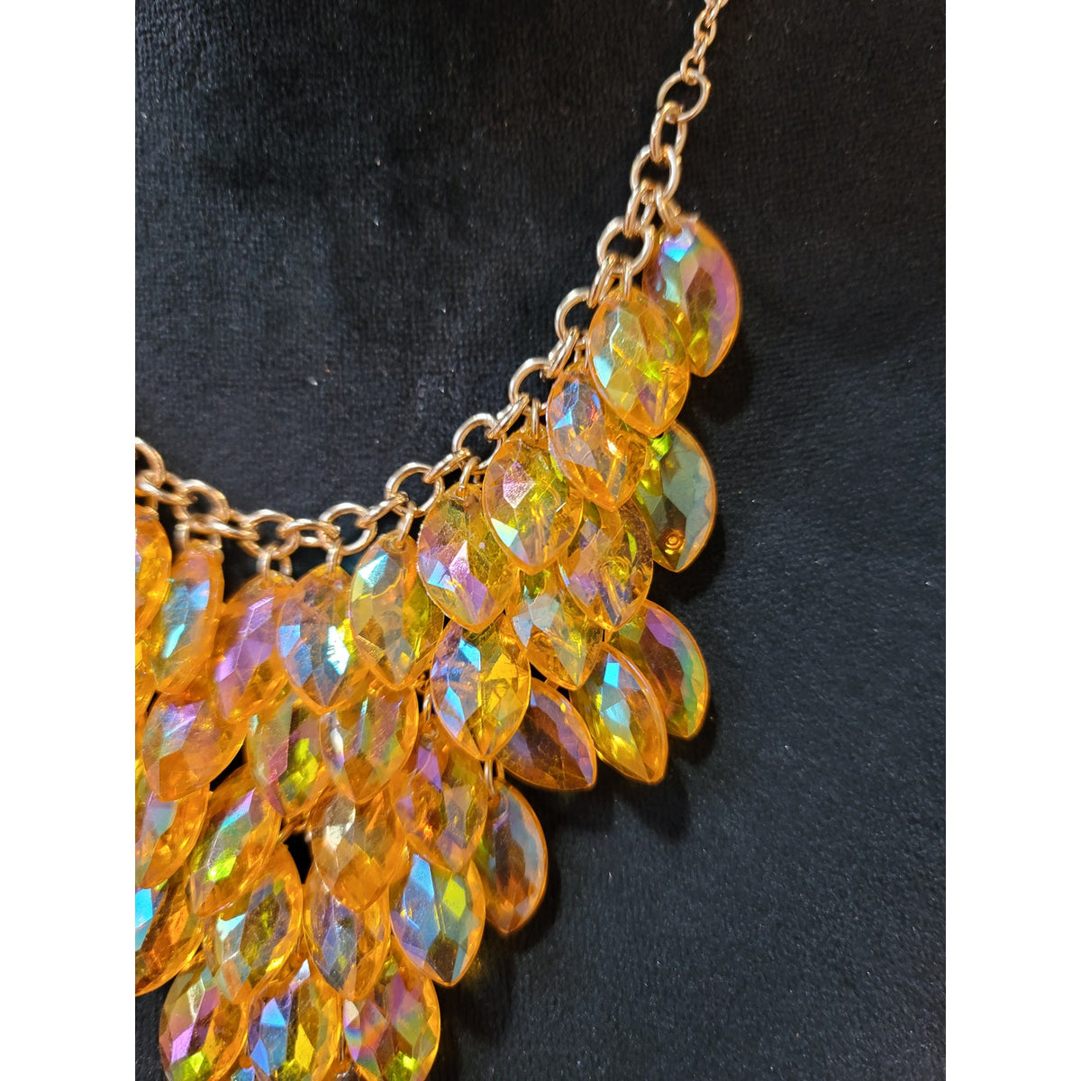 Women's Amber Crystal Leaf Bib Necklace Earring Set Gold Tone Lobster Clasp