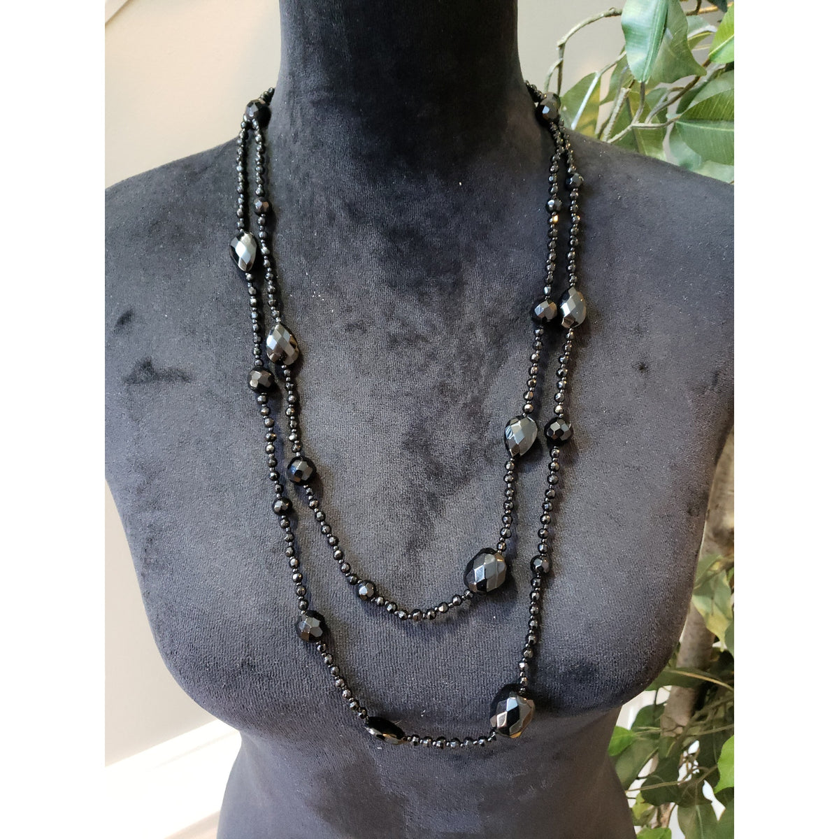 Women's Black Faceted Beaded Long Layered Necklace Elegant Fashion Jewelry
