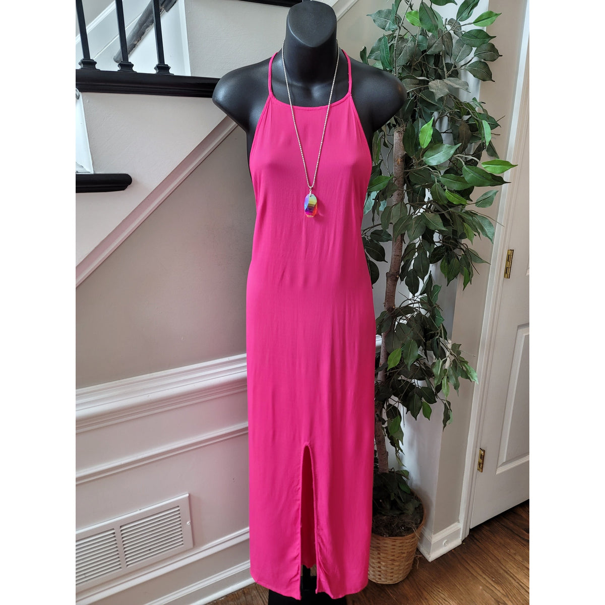 Asos Maxi Dress Women's 10 Hot Pink Halter Neck Side Slit Casual Party/Cocktail
