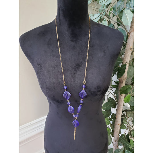Women Fashion Gold Tone Blue Octagon Acrylic Beads Lariat Necklace with Lobster