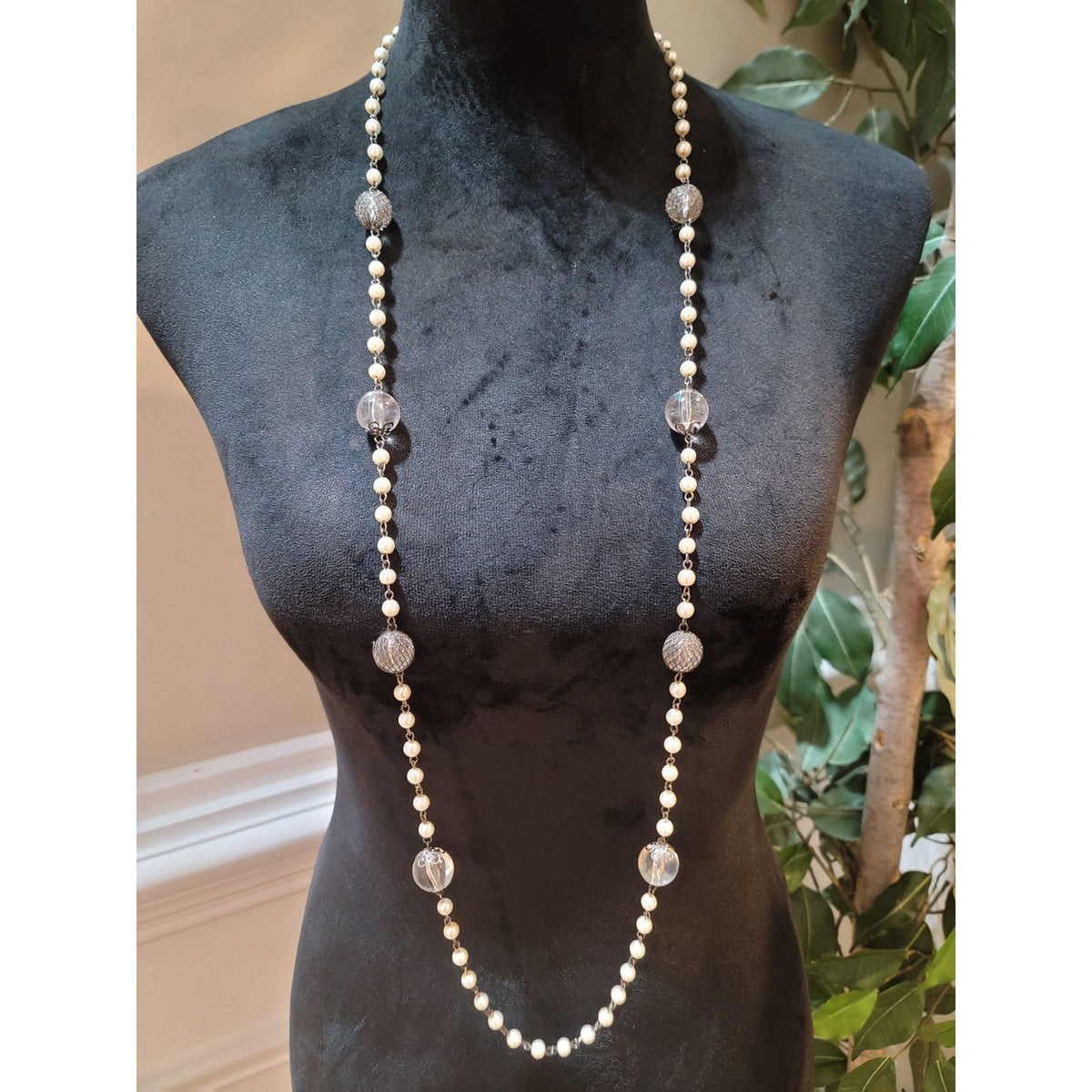 Women's Long Pearl Beaded Necklace With Silver And Clear Beads Lobster Clasp