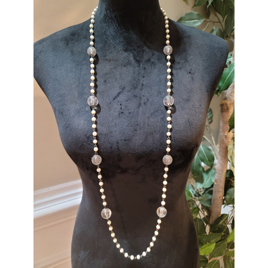 Women's Long Pearl Beaded Necklace With Silver And Clear Beads Lobster Clasp