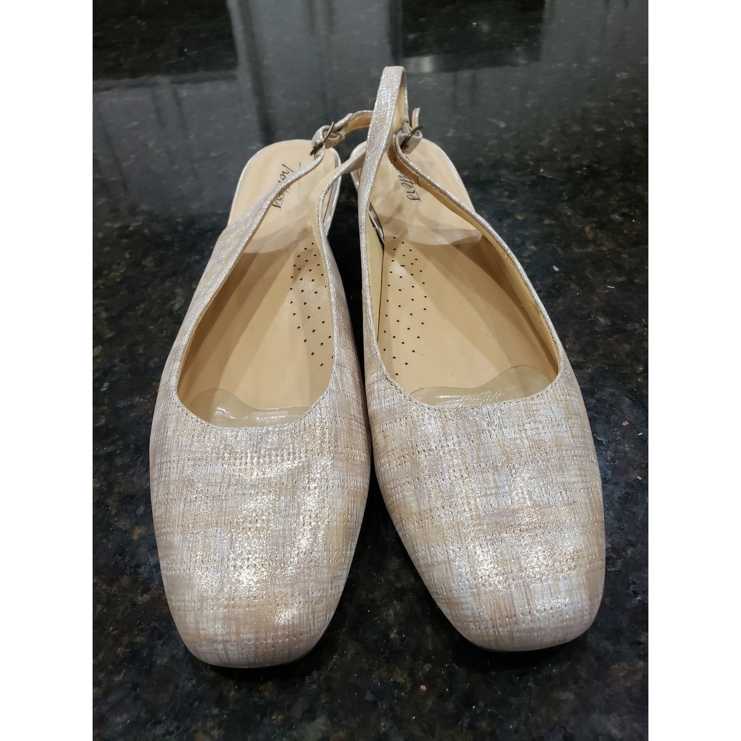 Trotters Lenore Pump Women Beige Leather Wedge Heel Adjustable Strap Buckle 12N