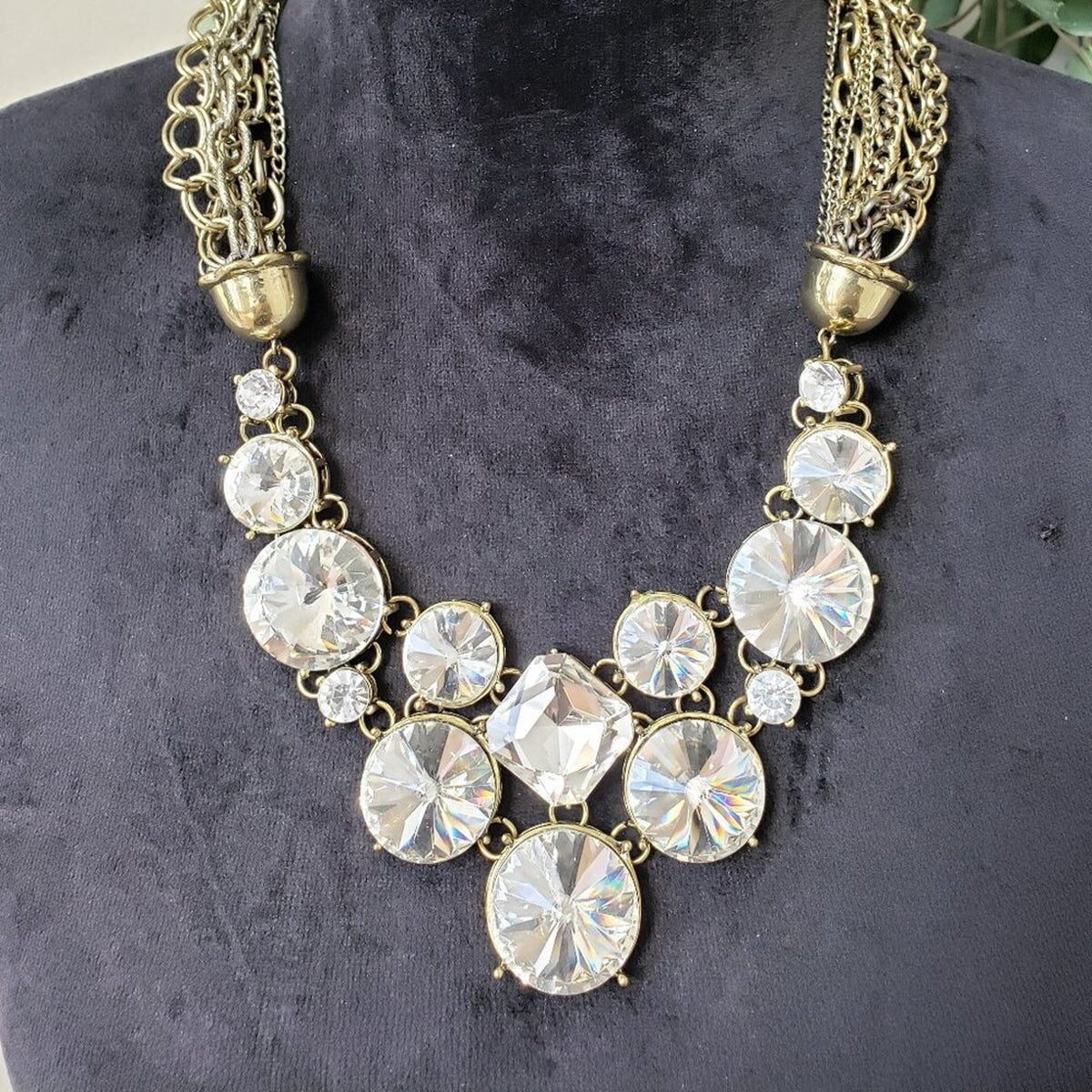 Womens Clear Crystal Stone Gold Tone Multiple Layer Chain Necklace with Lobster
