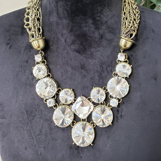 Womens Clear Crystal Stone Gold Tone Multiple Layer Chain Necklace with Lobster