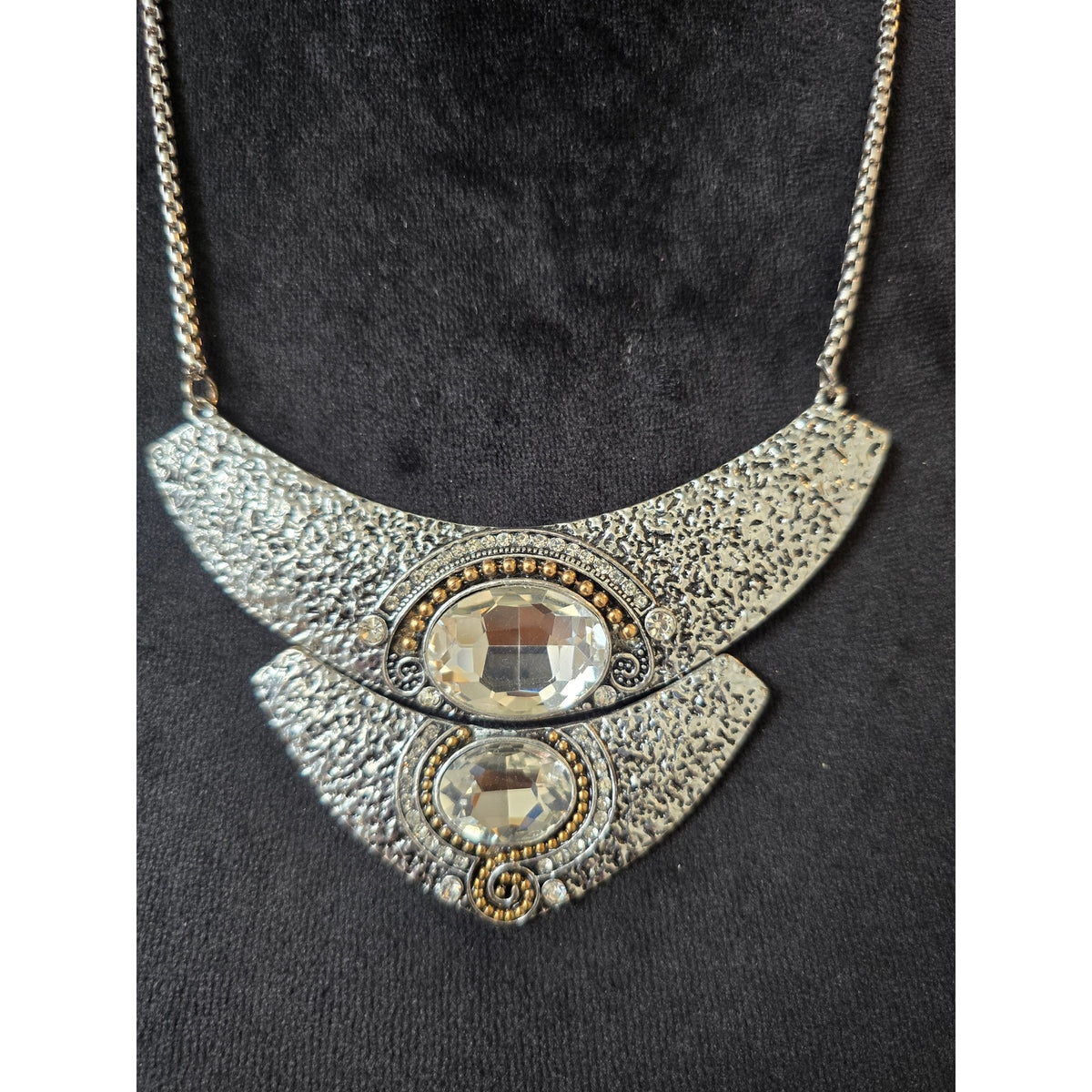 Silver Geometric Crystal Bib Statement Necklace