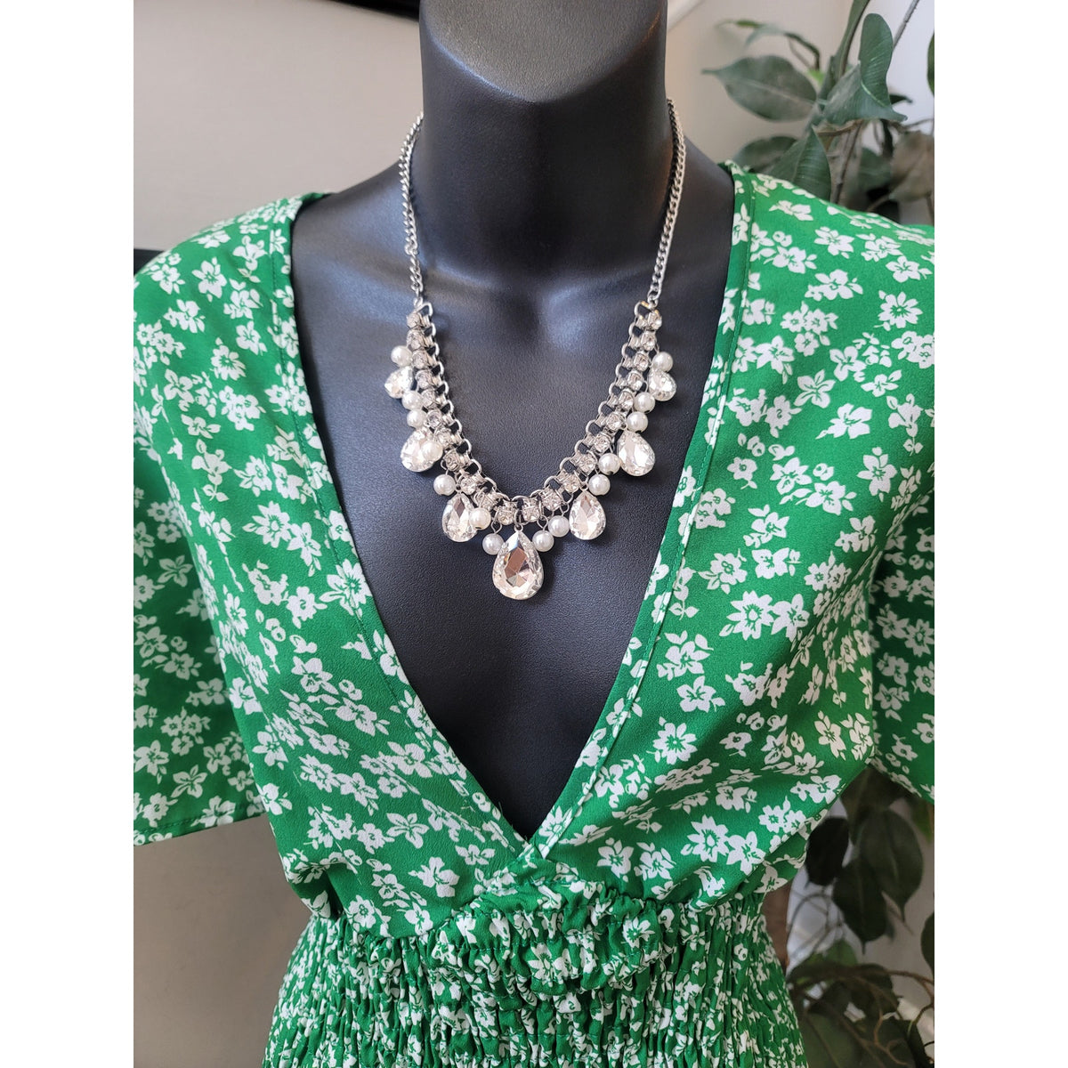 Shein Midi Dress Women's Size 0XL Green Floral V Neck Short Angel Sleeves