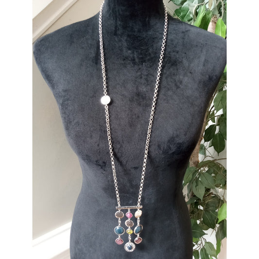 Silver Tone Multicolor Glass Stone Dangle Pendant Necklace Boho Artisan Chic