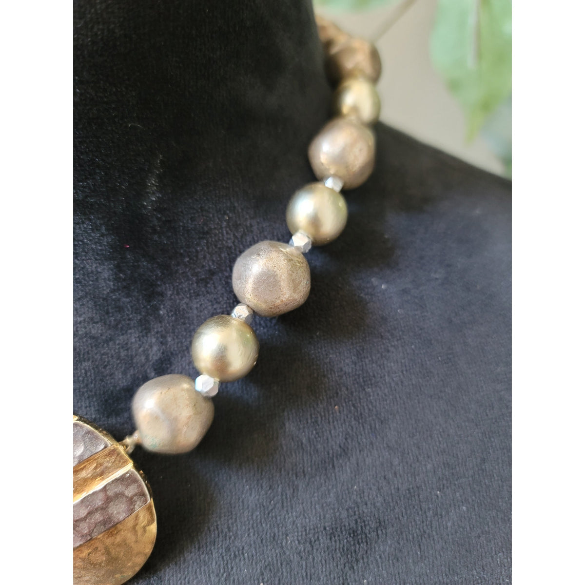 Women's Hammered Metal Pendant Beaded Statement Necklace with Lobster Clasp