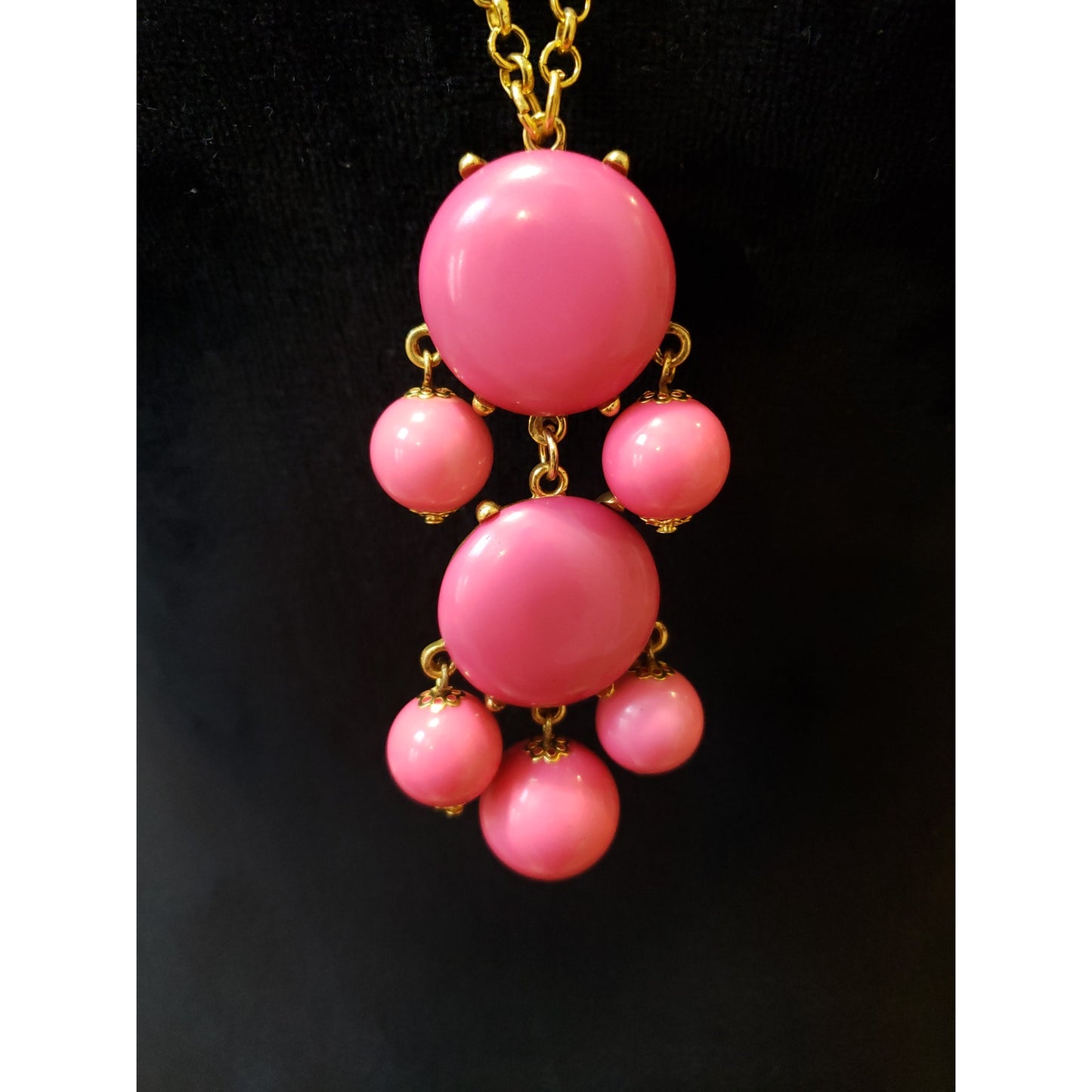 Women Fashion Gold Tone Pink Drippy Bubble Beads Prong-set Long Necklace Jewelry