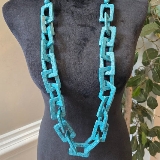 Womens Fashion Blue Square Resin Chain Link Lava Beaded Necklace Jewelry