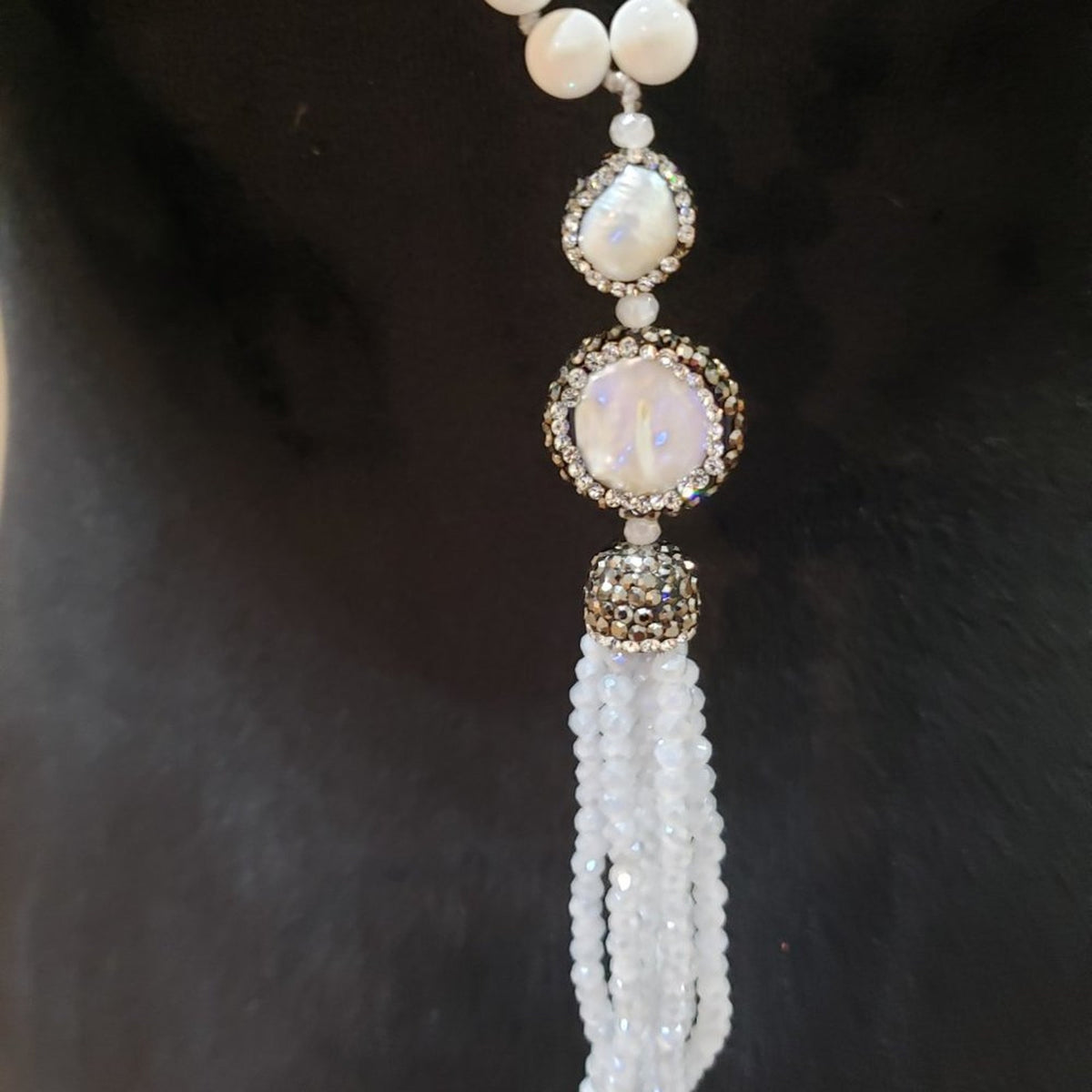 Womens Fashion White Shell Pearl Crystal Bead Pendant Tassel Necklace Adjustable