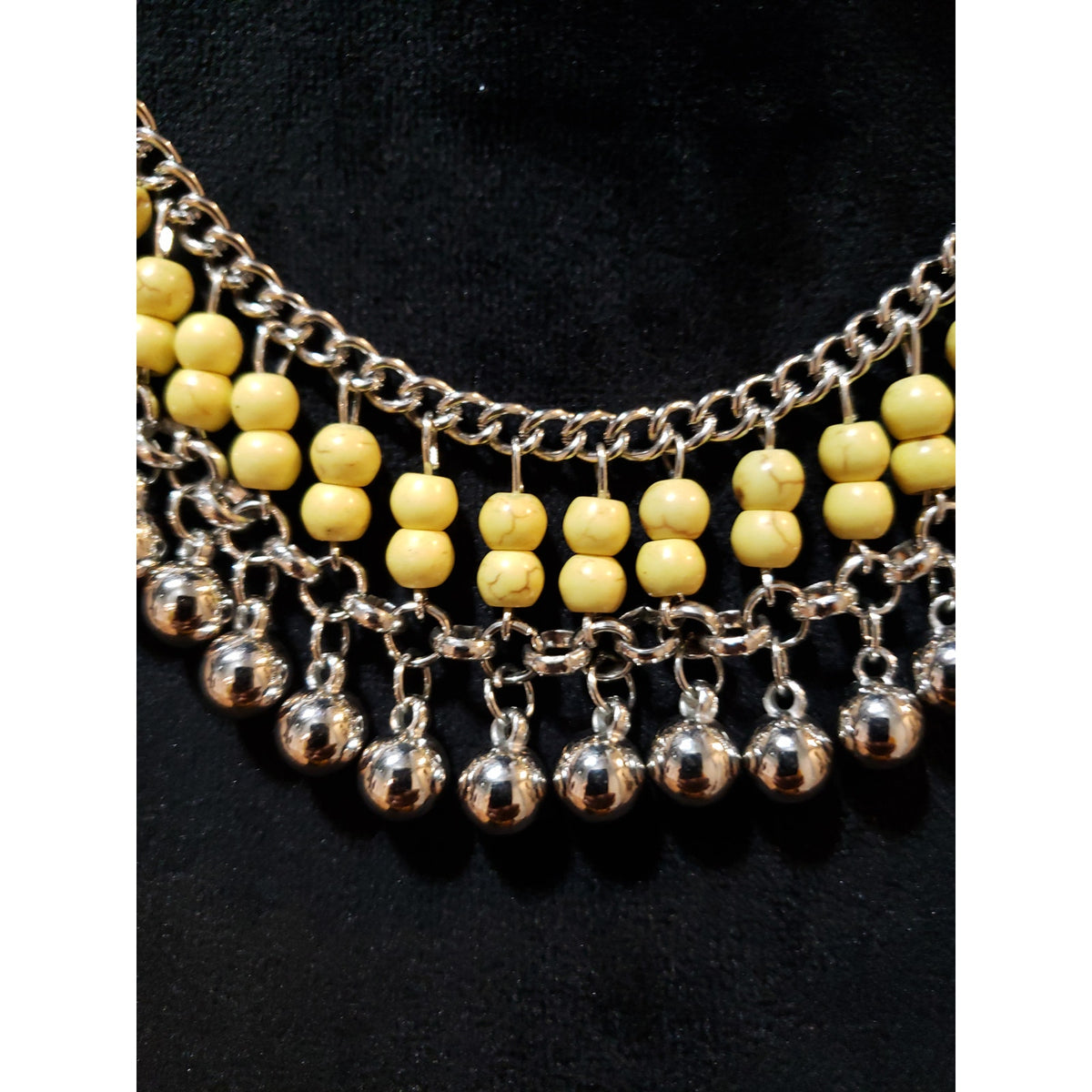 Womens Fashion Yellow Jasper Silver Ball Beaded Bib Statement Necklace Jewelry