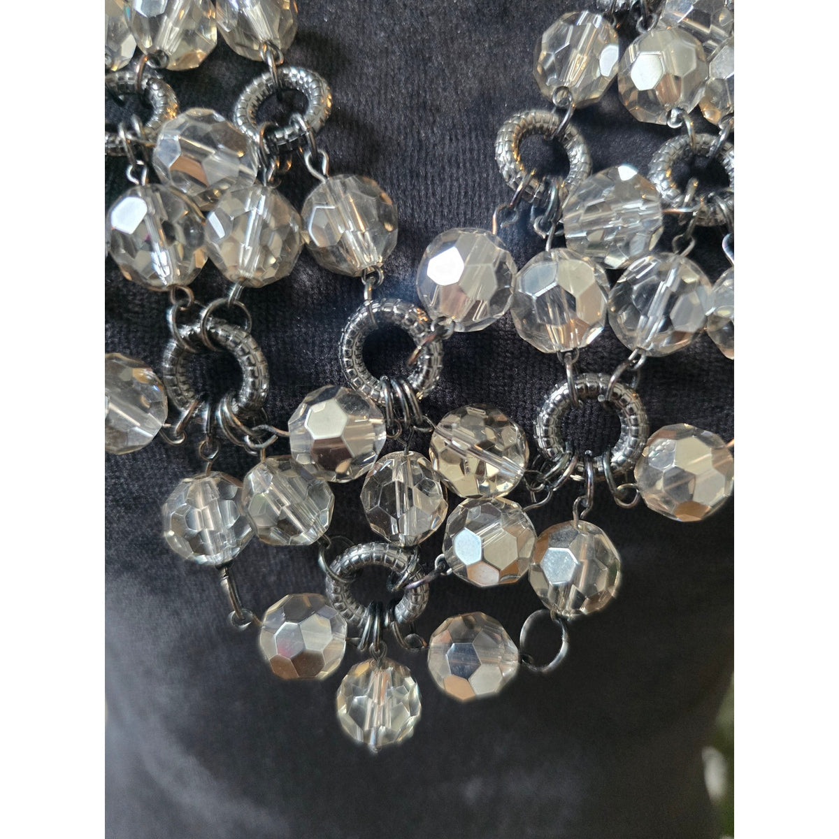 Silver Tone Smoky Gray Crystal Cluster Bib Necklace with Ribbon