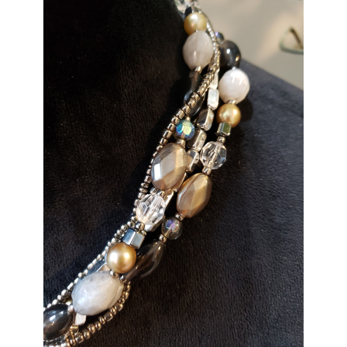 Women's Multistrand Beaded Necklace Neutral Tone Crystal Lobster Clasp