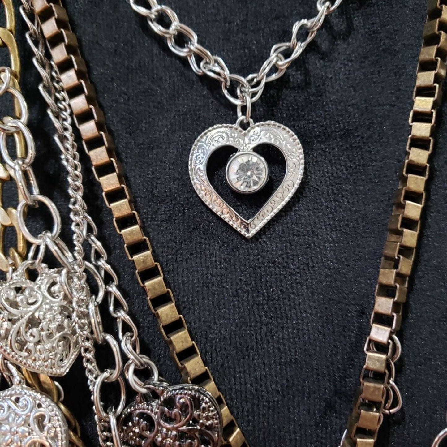Womens Fashion Brass Multi Strand Heart Pendant Statement Necklace Lobster Clasp