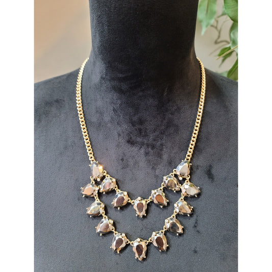 Women's Gold Chain Necklace with Teardrop Faceted Stones and Crystal Accents