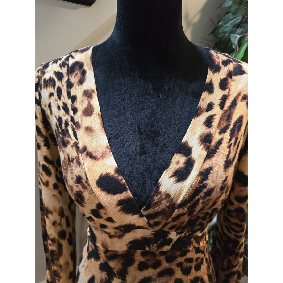 Debbie Katz Leopard Print Dress Women's Medium Brown Black V-Neck Long Sleeves