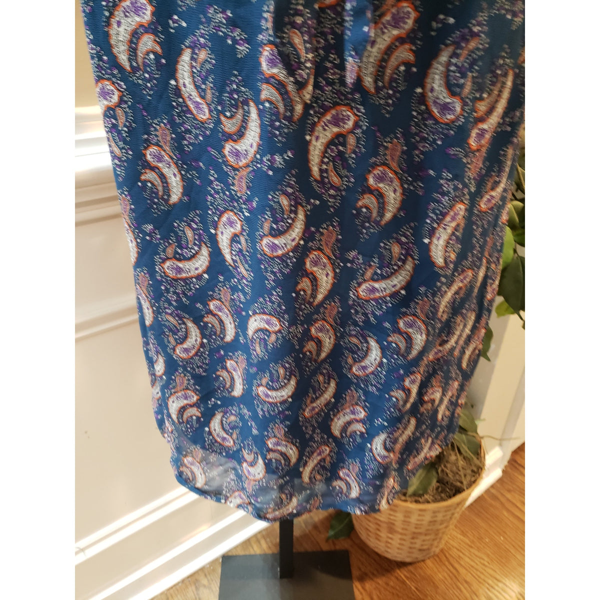 DR2 A Line Dress Women Navy Paisley Tie Waist Long Sleeve V Neck Button Front XS