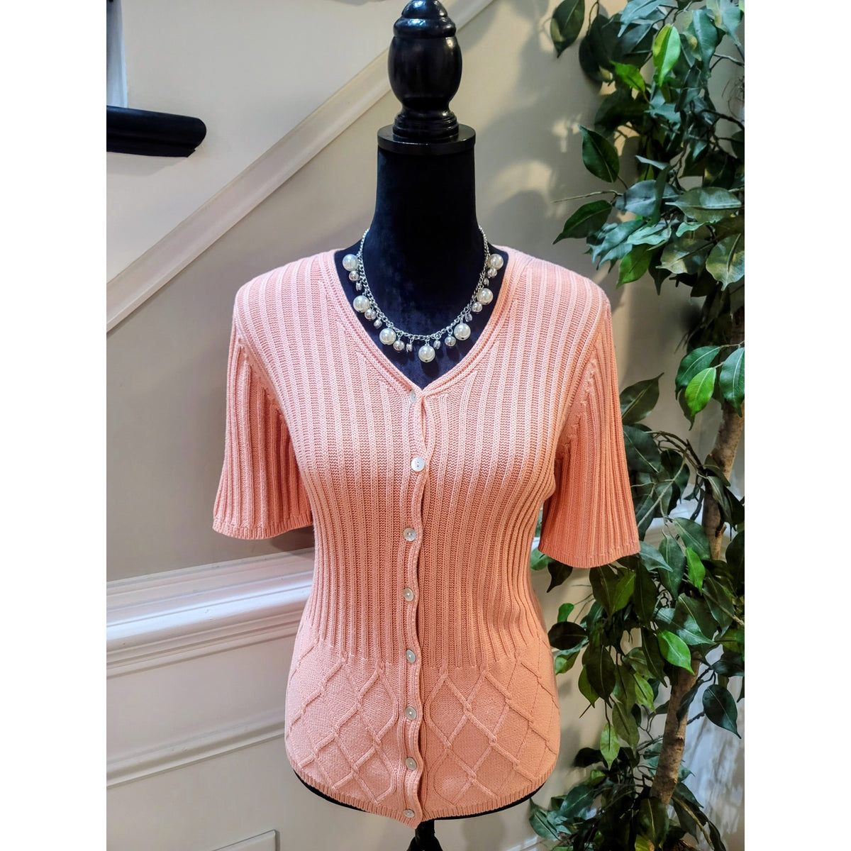 Van Heusen Cardigan Sweater Women Large Peach Ribbed Knit Button Up Short Sleeve