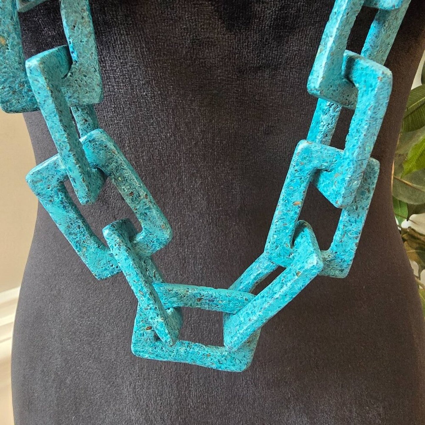 Womens Fashion Blue Square Resin Chain Link Lava Beaded Necklace Jewelry
