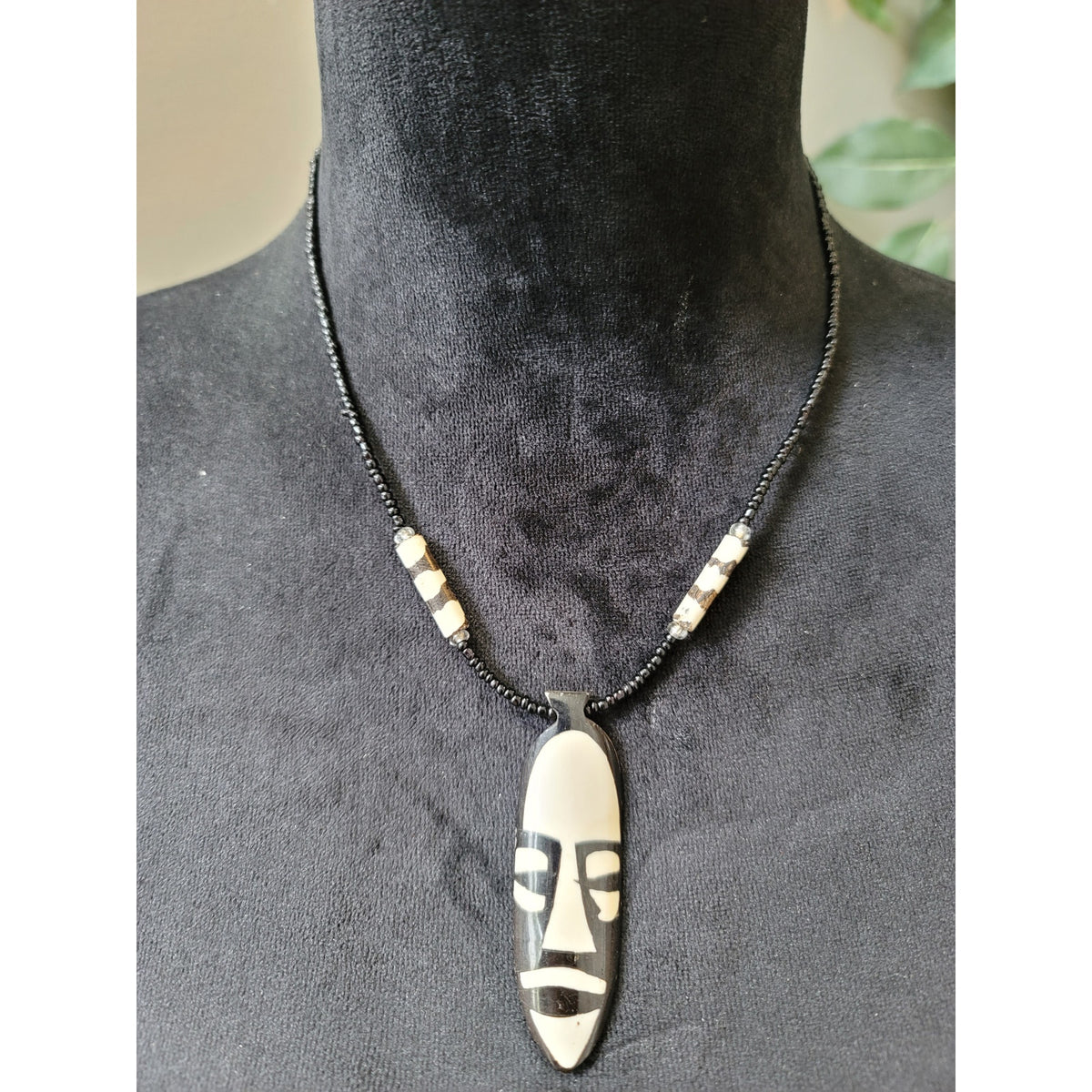 Women's Tribal Beaded Necklace With Face Pendant And Magnetic Clasp Lock