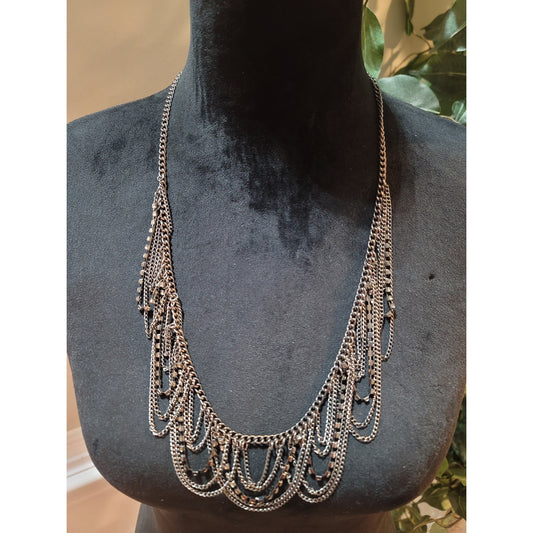 Women's Layered Silver Chain Necklace With Black Beads And Lobster Clasp Lock