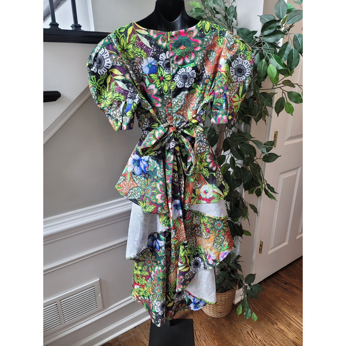 Kosmios Shirt Women's Large Multicolor Puff Sleeve Peplum Top High Low