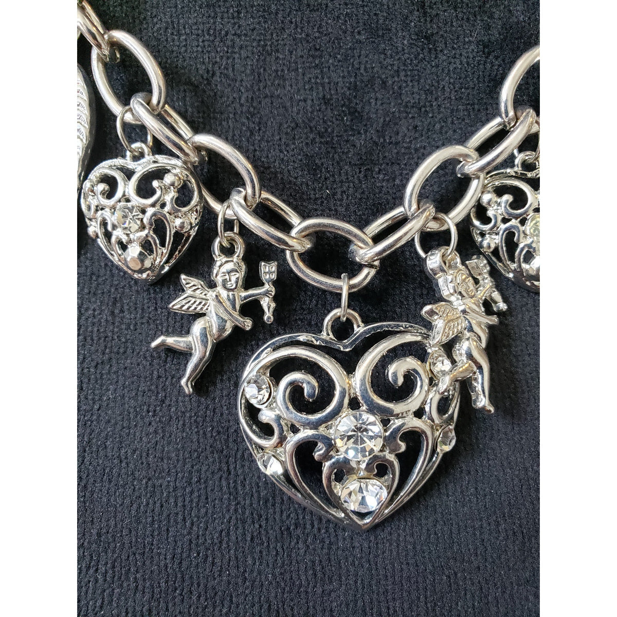 Women's Silver Tone Heart Charm Necklace Rhinestone Angel Wing Lobster Clasp