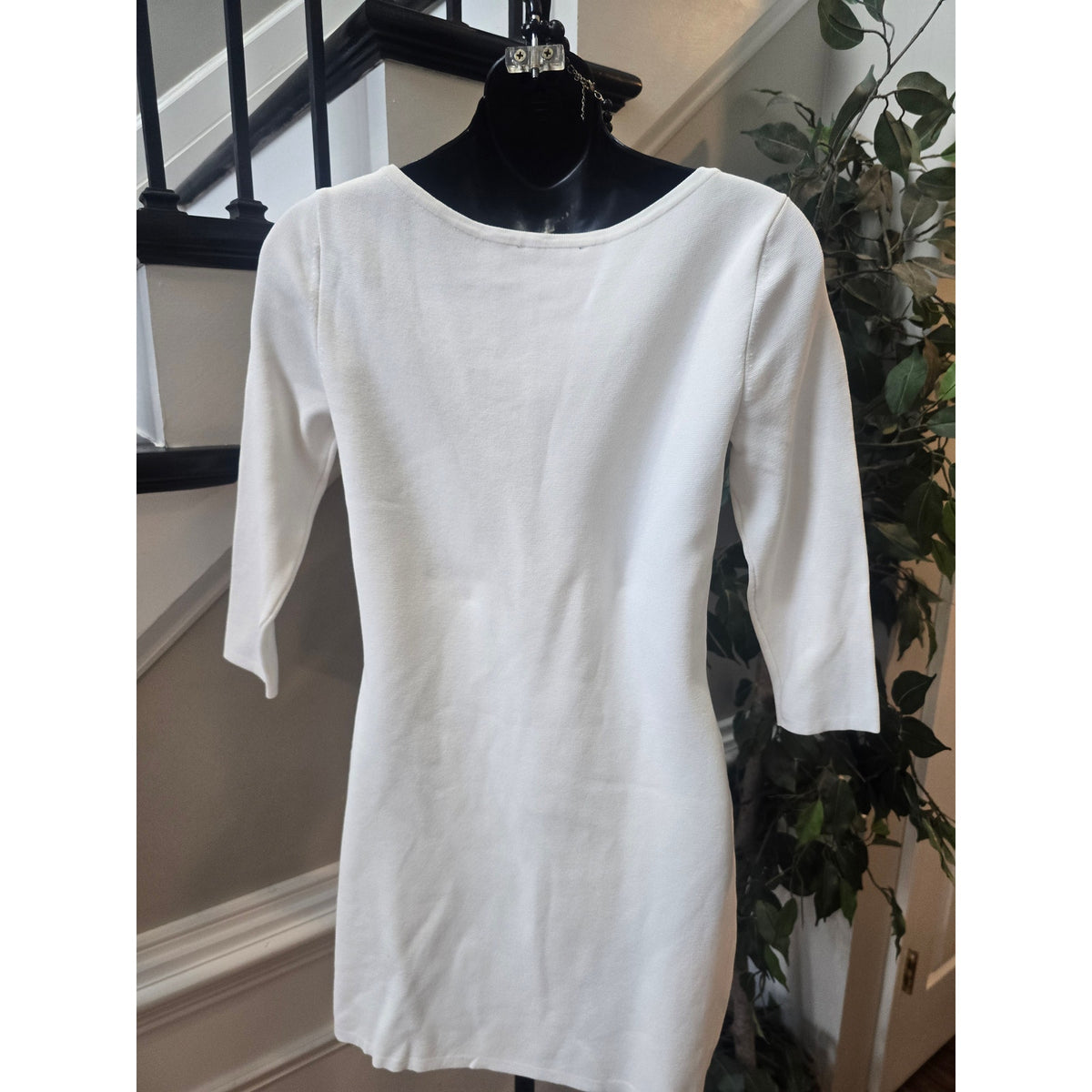 WHBM Sheath Dress Women's SZ XS White/Black Floral Knit Boat Neck 3/4 Sleeves
