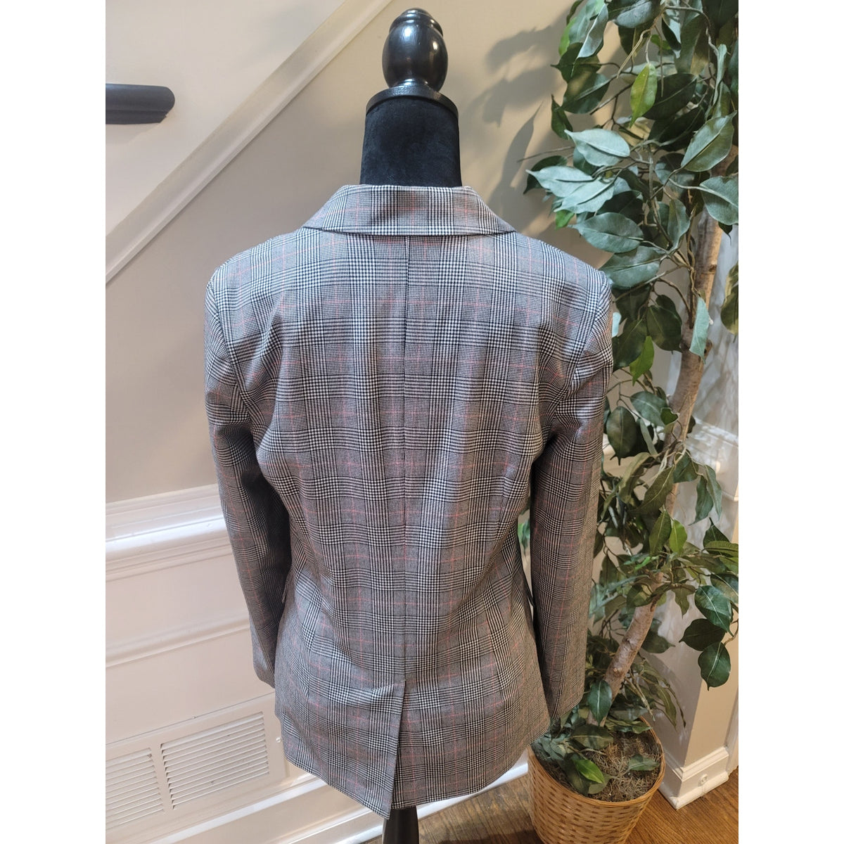 Guess Blazer Women Small Gray/Black Plaid Double Breasted Faux Pocket Lined