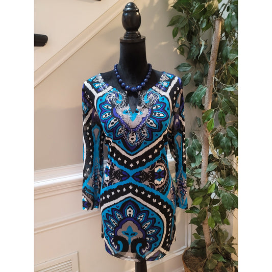 INC International Concepts Top Women's XL Multicolor Beaded Print Long Sleeve
