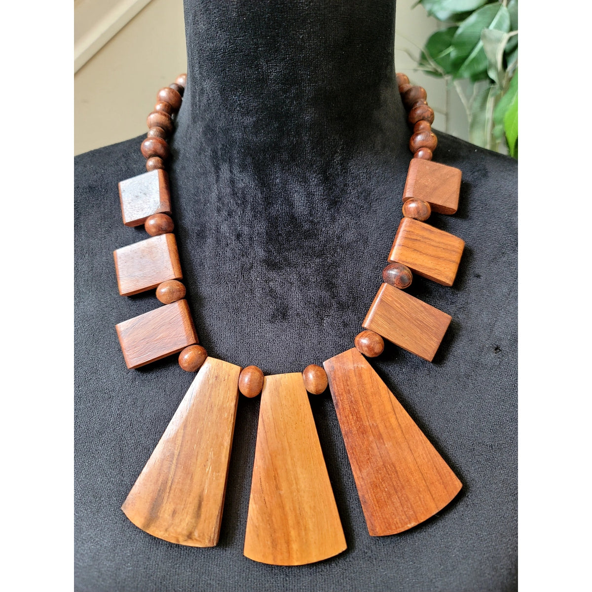 Wood Geometric Statement Necklace Brown Beaded Tribal Boho