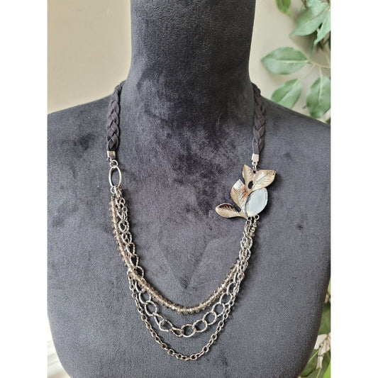 Women's Crystal Beaded Necklace with Silver Tone Chain and Leaf Pendant