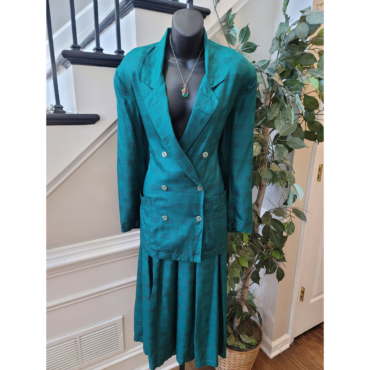 Vintage Silk Club Skirt Suit Medium Teal Green Houndstooth Plaid  Blazer