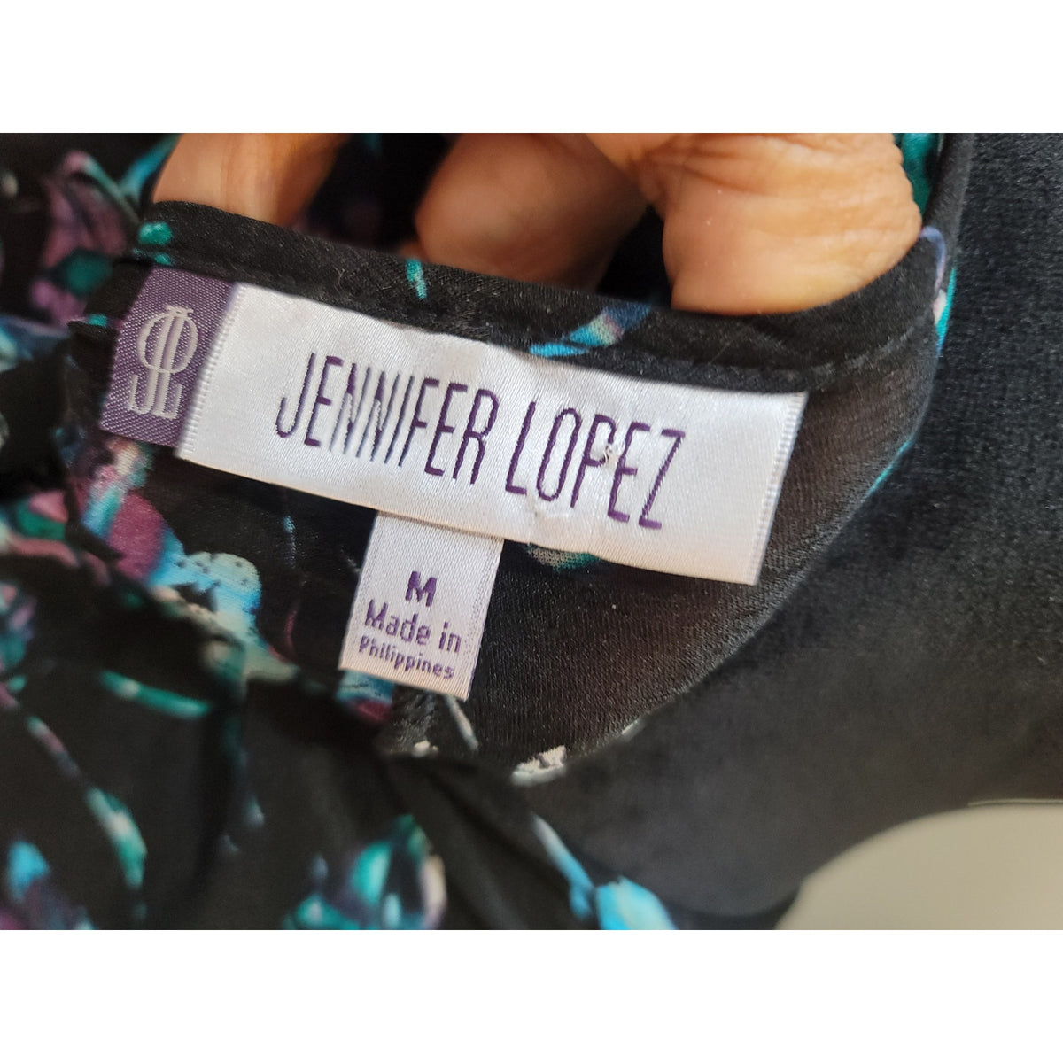 Jennifer Lopez Blouse Women's Medium Black Multicolor Floral Print Long Sleeve
